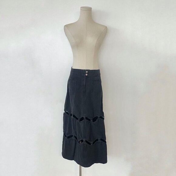 Black Midi Denim Skirt With Cutout Details - Picture 1 of 7
